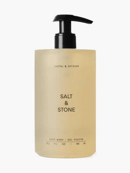 Santal & Vetiver Antioxidant-Rich Body Wash in branded clear bottle with black pump on light gray background