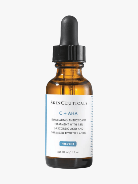 SkinCeuticals C + Aha in branded dropper component on a light gray background