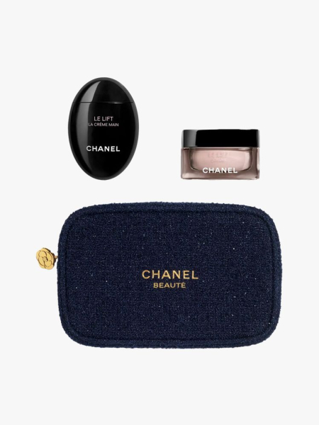 Chanel Le Lift Smooth Results Skincare Set in multiple branded components on a light gray background